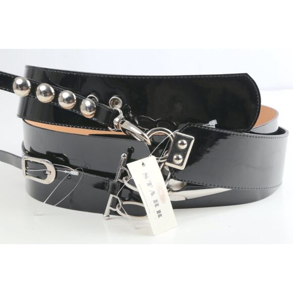 Vintage Set of 2 Black Patent Leather Wide Belts Silver Studded Chain Punk M 85 - Picture 2 of 16